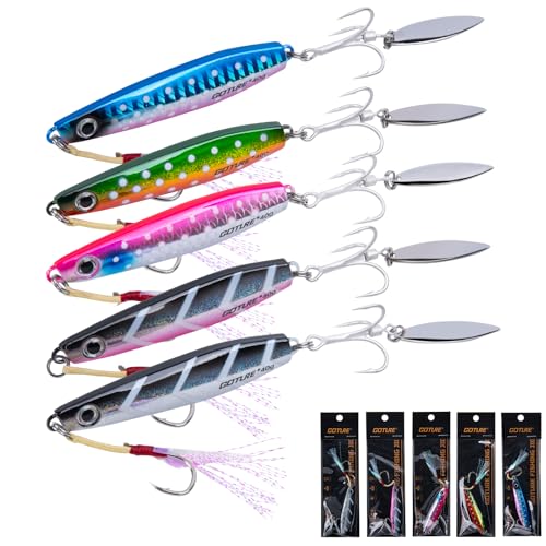 Goture Fishing Jigs, 40g 60g Vertical Jig Saltwater Freshwater, Jig Fishing Lures with Assist Hooks and Treble Hook, Jigging Spoon Lures for Tuna, Salmon,Striped Bass, Grouper Snapper,Kingfish - color: B3:5pcs Fishing Jigs, size: 1.41oz/40g