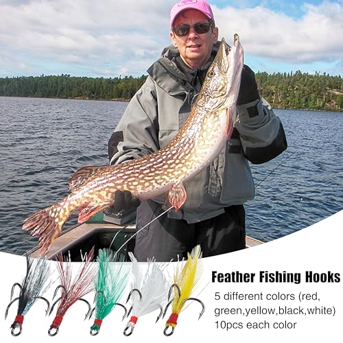 Feathered Treble Hooks Kit, 50 PCS Fishing Treble Hooks High Carbon Steel Sharp Barbed Fishing Hook with Storage Box, Freshwater Saltwater Lure Hook for Bass Trout Pike Salmon Catfish Fishing