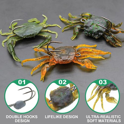 3Pcs Fishing Soft Plastic Lures Crab Soft Lure with Double Fishing Hooks Crab Baits Traps Kit for Bass Saltwater Fishing