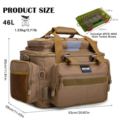 Goture Fishing Tackle Bag with 4pcs 3600 Tackle Boxes, 600D Water-Resistant Soft Side Saltwater Gear Storage Fishing Bag with Rod Straps, Detachable Water Bottle Pouch, Waterproof Bottom, SBS Zippers - color: C2:Khaki with 4 3600 Tackle Boxes, size: Large