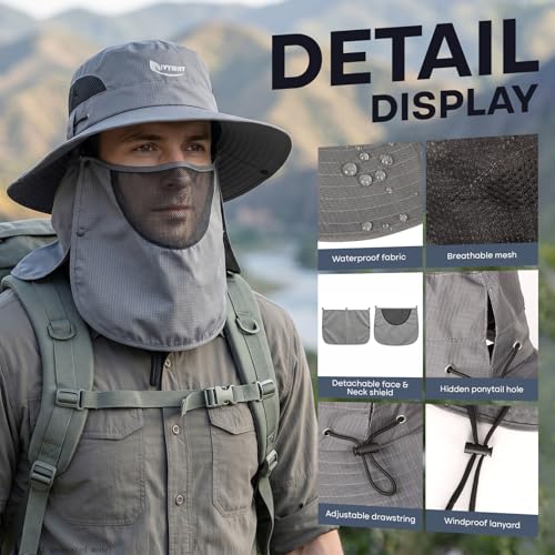 Wide Brim Fishing Hat, Waterproof UV Protection Bucket Sun Hats with Removable Face Cover & Neck Flap for Men Women - color: Dark Gray