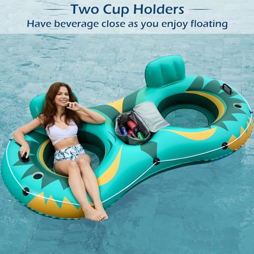 Jasonwell Inflatable River Tube Float - 2 Person Heavy Duty River Float Pool Floats with Removable Cooler Lake Water Tubes for Floating River Raft Lounge Floatie with 2 Cup Holders for Adults (Green) - style: Owl-Green