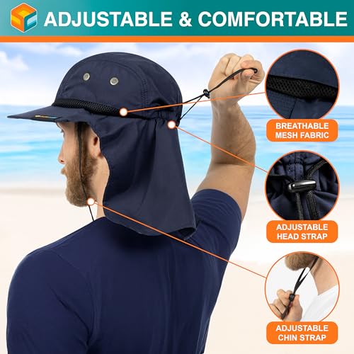 SUN CUBE UPF50+ Sun Hat for Men Women with Neck Flap, Wide Brim UV Protection Fishing Safari Hat for Hiking Beach Gardening - color: Navy
