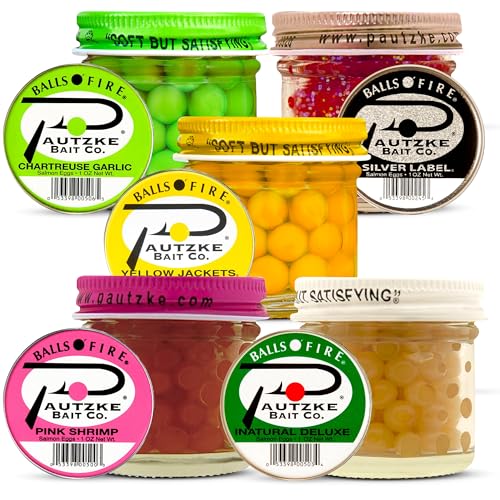 LURWIND Bundle of Pautzke Balls-o-Fire 5 Pack, Natural Salmon Eggs Fishing Bait, Trout Bait, Fish Eggs for Salmon Fishing, Yellow Jacket, Green Label, Silver Label, Natural, Pink Shrimp