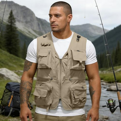 Men's Fishing Vest Casual Utility Lightweight Cargo Vest with Multi Pockets Outdoor Safari Photo Travel Jacket Vest - color: Y001- Khaki, size: X-Large