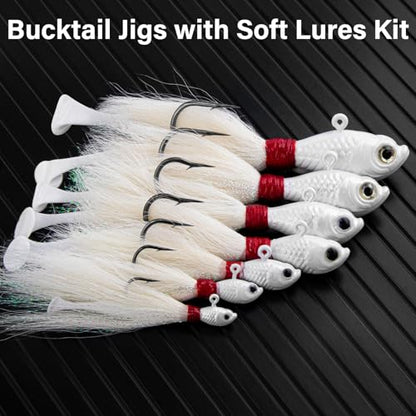 Dr.Fish 3 Pack Bucktail Jigs with Paddle Tail Swimbait Trailer, Saltwater Fishing Hair Jigs Buck Tail Lure White Surf Fishing Mackerel Flounder Bluefish Snapper - color: Red/White, size: 2oz-Hook 7/0