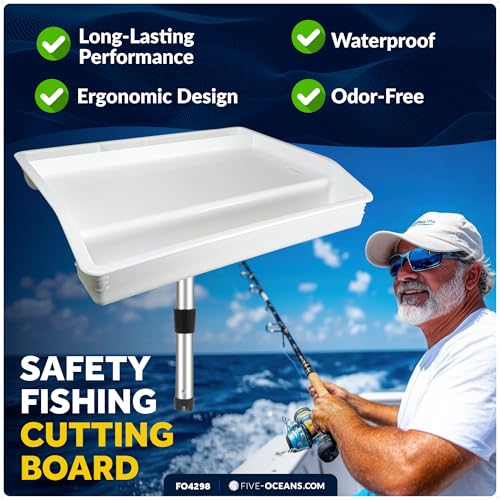 Five Oceans Boat Cutting Board, 17"x14"- Deluxe Bait Cutting Table with Rod Holder Mount, Knife & Pliers Holder, 3 Deep Trays & Draining Hole - 1-Year Warranty - FO4298 - color: Deluxe Bait Cutting Board (Rod Holder Mount)