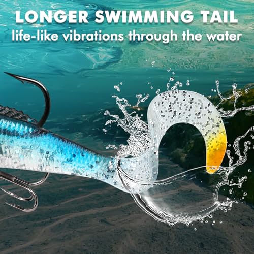 TRUSCEND Shadtale Easy Catch Soft Fishing Lures with BKK Hooks - Trembly Sinking and Vibrating Swim for More Bites, Pre-Rigged Swimbaits for Bass, Trout, Crappie, Walleye, Freshwater Saltwater Fishing - color: B1-3.5",0.5oz