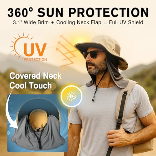 TOP-EX UVCoolix™ UV Protection Mens Sun Hat with Cooling Neck Flap Sunglass Lock Wide Brim Fishing Hats - color: Army Green, size: Medium-Large