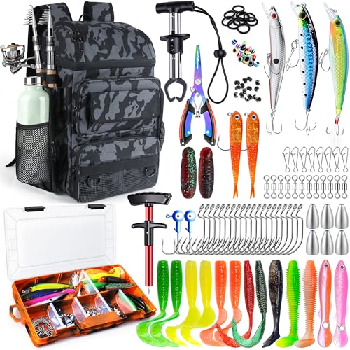 Fishing Backpack with Tackle Boxes,45L Large Waterproof Fishing Bag with Fishing Gear,Fishing Gifts for Men Women,Gear Combo Kit,Camouflage Black - color: Camouflage(with Fishing Gear)