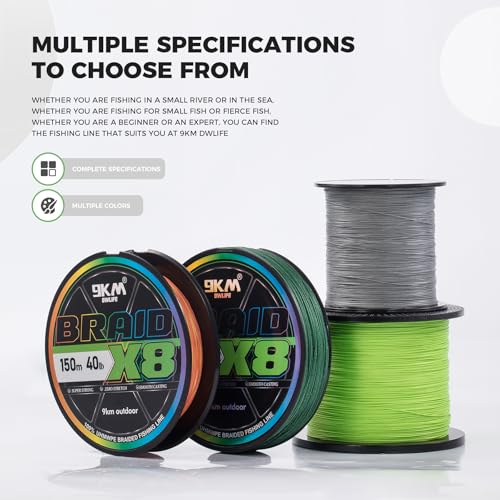 9KM DWLIFE Braided Fishing Line 8LB-120LB Dyneema Fishing Line, Zero Stretch & Anti-Bite Coating for Freshwater/Saltwater Fishing 4/8 Strands - color: Green, size: 150m（164Yards)-20lb(8 Strands)