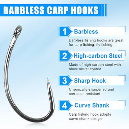 175pcs Barbless Fishing Hook Kits,Small Size Carp Fishing Hooks Curve Shank Crank and Wide Gape Fly Tying Hooks Circle Hook with Tackle Box Size 2#,4#,6#,8#,10#