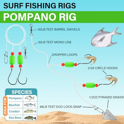 Alwonder 5-Pack Pompano Rigs Surf Fishing Rigs with Snell Floats, Saltwater Live Bait Rig Swivels Duo Lock Snaps Circle Wide Gap Kahle Hooks Rig for Beach Surf Casting Pier Jetty Fishing - color: Yellow 5-Pack, size: #2/0 Circle Hook