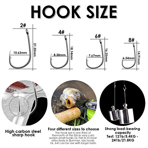 Carp Fishing Hair Rigs, 20 Pcs Curved Barbed Carp Hook Anti-Tangle Swivel Braided Thread line with 3 Card Boilie Bait Stops Dumbell Stoppers and Stringer Needle - color: Barbed, size: 4 Packs (Size 8#)
