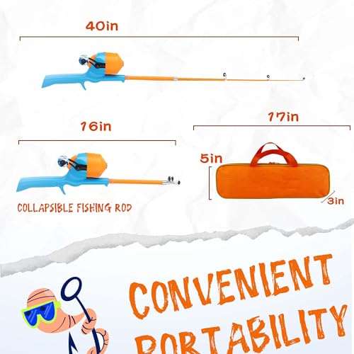 Kids Fishing Pole, Telescopic Fishing Rod, Toddler Collapsible Fishing Rod and Reel Combo with Tackle Box, Fishing Line, Bobber, and Soft Lures for Boy, Girl, Youth, Beginner, Over 4 Years Old - color: orange