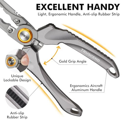 TRUSCEND Easy Use Lockable Fishing Pliers with Tungsten Carbide Cutter, Innovative Ergonomic Handy Handle, Saltwater Corrosion Resistant Teflon Coated Fishing Tool, Light Multi-Function Fishing Gear - color: A4-gray