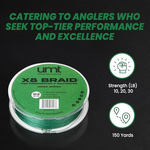 UMT Super Braid 150 Yards PE 8 Strand Fishing Line - High Strength, Available in 10lb 20Ib & 30Ib Moss Green and Sea Blue Options Pro Grade Zero Stretch Super Strong - Uncle Mo's Tackle - color: Moss Green, size: 10LB, 150 Yards