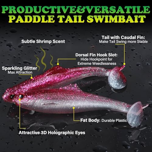 LUCKYFISHING Paddle Tail Swimbaits Soft Plastic Swimbaits Soft Baits for Bass Fishing Trout Crappie Walleye Freshwater Saltwater 10/16/20 PCS Soft Plastic Baits 4/3.5/3/2.5 Inch - color: Pink, size: 4 inch-10pcs