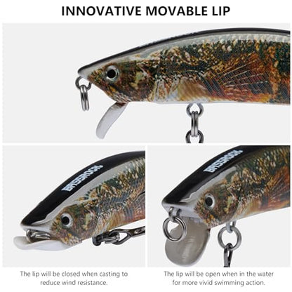 BASSROCK Minnow Swimbait Bass Trout Fishing Lure with Movable Lip Hard Bait 3.5” 1/2oz - color: Walleye