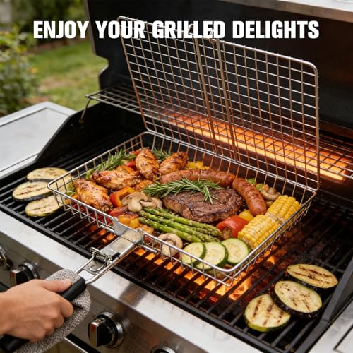 Grill Basket for Outdoor with Removable Handle,Stainless Steel BBQ Camping Cooking Accessories Tools for Meat Steak Fish Vegetable Shrimp, Gifts for Men Dad Husband