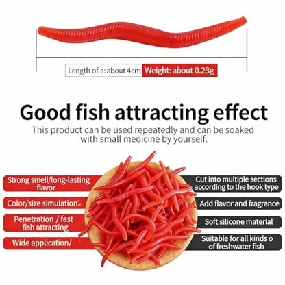 Soft Plastic Red Worm Baits, Scented Artificial Fishing Lures for Freshwater, Reusable Silicone Red Worms for Bass, Trout, and More