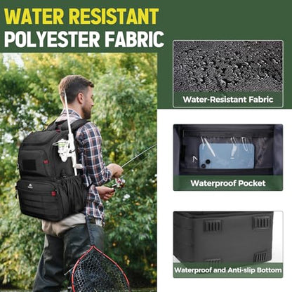 MATEIN Fishing Backpack Tackle Box, Tackle Backpack with Cooler for Men | Tackle Box Backpack, Fishing Bag with Rod Holders, Hold 4 3600 Tackle Boxes, Water Resistant, Gear Accessories, Fishing Gifts - color: Black