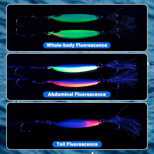 Goture Fishing Jigs, 30g 40g 50g 60g Vertical Jig Saltwater Freshwater, Jig Lures with Assist Hook and Treble Hook, 5PCS Jigging Spoon Lures with Tackle Box, Fishing Jigs for Tuna, Salmon, Bass - color: A1 with Tackle Box, size: 50g
