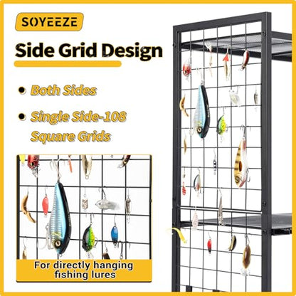 SOYEEZE Fishing Rod Holders for Garage, 4 Tier Adjustable Fishing Pole Holders Up to 12 Rods, Fishing Rod Rack with Lockable Wheels for Large Tackle Box Storage and Fishing Equipment Organization