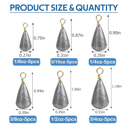 Fishing Weights Sinker Kit-30pcs Assorted Bass Casting Sinker Weights Bell Sinkers Drop Shot Weights with Brass Swivels for Saltwater Freshwater Fishing