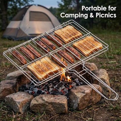 Stainless Steel Fish Grill Basket for Outdoor BBQ, Heavy Duty Lockable Grilling Rack for Fish Vegetables Steak Veggies Shrimp Meat, Portable Campfire Cooking Mesh Grate Tool, 12 x 8 Inch