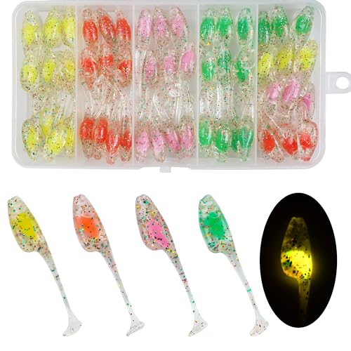 Crappie Lures Soft Plastic Fishing Lures Kit, 52pcs Glow Paddle Tail Swimbaits with Glitter, Mini Fishing Baits for Crappie Bluegill Trout Bass Perch Panfish, Freshwater Tackle Kit - color: 52pcs Crappie Jigs Lure Kit