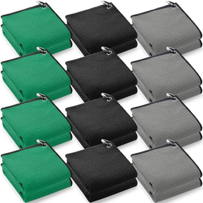Batiyeer 12 Pcs Golf Towel Bulk for Golf Bags Microfiber Fabric Towel with Clip Waffle Pattern, Fitness, Camping, Hiking, Yoga - color: Black, Grey, Dark Green