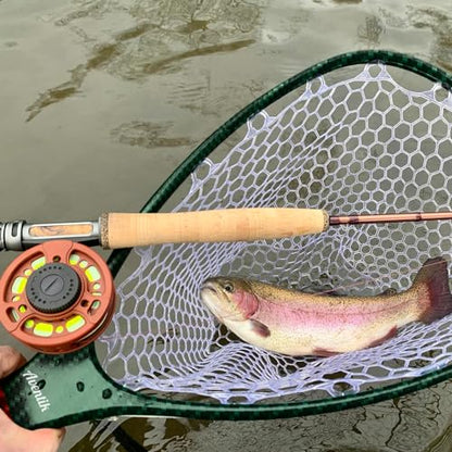 Aventik Fly Floating Fishing Net Carbon Fiber Landing Trout Net Light Weight Clear Rubber Ghost Net Catch & Release - color: Standard Green with Green magnetic release
