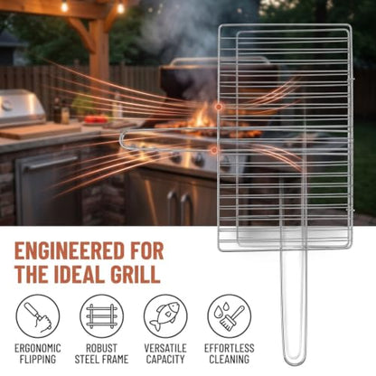 ibasenice Portable Fish Grill Basket Stainless Steel Outdoor Bbq Rack with Heat-Resistant Handle for Camping Grilling Fish Vegetables and Shrimp 16.33X16.14X0.39In