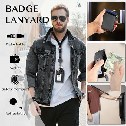 DELSWIN Badge Holder with Retractable Lanyard, PU Leather ID Badge Card Holder with 1 ID Window, 4 Card Slots, 1 Side Zipper Pocket, and Adjustable Neck Strap - color: Leather - Badge Holder With Lanyard