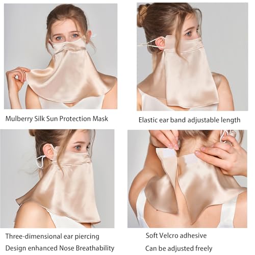 UPF 50+ Pure Silk Face Cover UV Protection Sunscreen Sun Protection Face Mask Reusable Sport Face Scarf Mask for Women - color: Champagne Gold