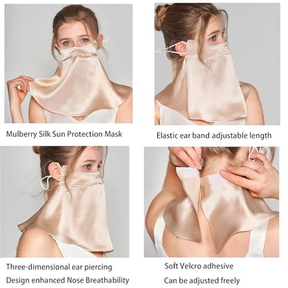 UPF 50+ Pure Silk Face Cover UV Protection Sunscreen Sun Protection Face Mask Reusable Sport Face Scarf Mask for Women - color: Champagne Gold