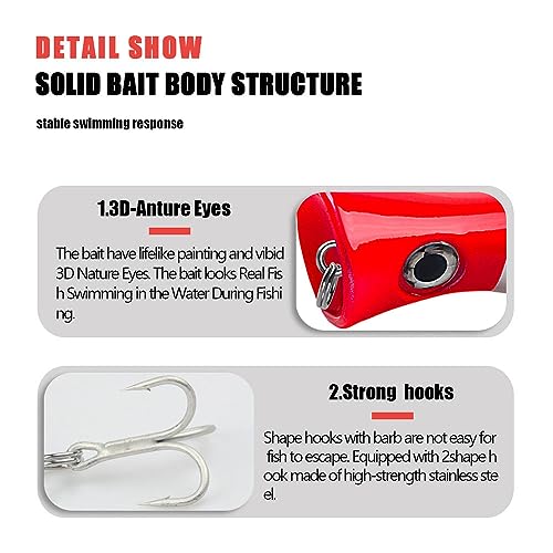 6 Pcs Large Top Water Popper,4.7 in Saltwater Poppers Fishing Lures,3D Eyes with Hooks and Ring for Surf Fishing, Bluefish,Fishing Gt Tuna Kingfish Large Predator Fish