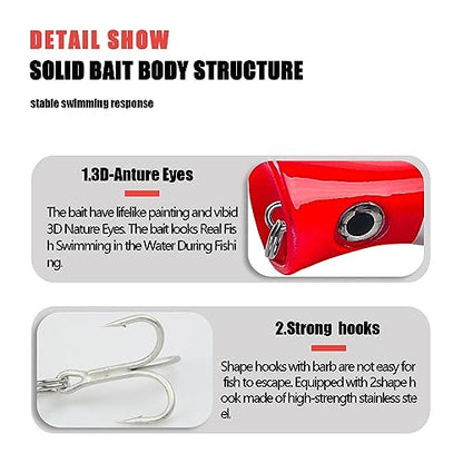 6 Pcs Large Top Water Popper,4.7 in Saltwater Poppers Fishing Lures,3D Eyes with Hooks and Ring for Surf Fishing, Bluefish,Fishing Gt Tuna Kingfish Large Predator Fish