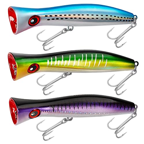 THKFISH Topwater Saltwater Fishing Lures GT Popper with 3X Strong Hook, Surf Fishing 1pc / 3pcs - color: 3pcs 3Colors (BlueLaser+PurpleLaser + GreenLaser)
