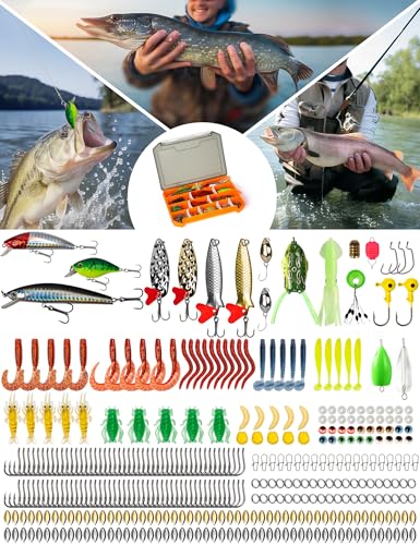 Fishing Lures,380Pcs Tackle Box with Tackle Included | Fishing Gear with Frogs,Soft Baits, Hooks & Other Accessories,Fishing Bait Kit for Bass Trout