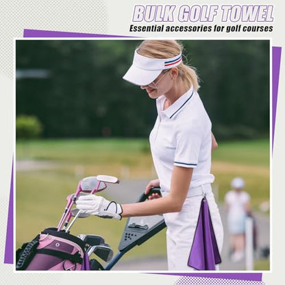 Batiyeer 30 Pcs Golf Towels Bulk for Bags 16'' x 16'' Microfiber Fabric Golf Towel with Clip Waffle Pattern for Men Mini Tournament Fitness Yoga Camping (Purple) - color: Purple