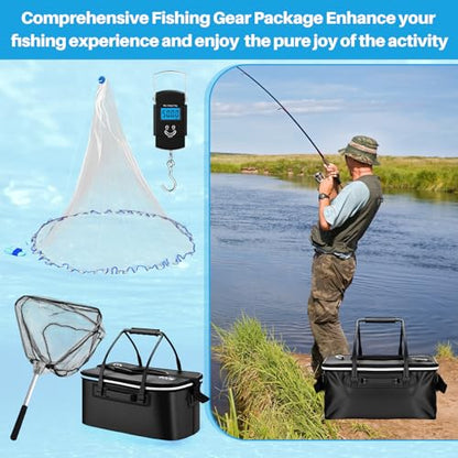 Threehoney Set of 4 Saltwater Fishing Cast Net, Foldable Fish Bucket, Folding Fishing Landing Net, and 110lb Digital Scale, 6 Gallon Live Fish Bait Bucket - color: Black, size: 4ft