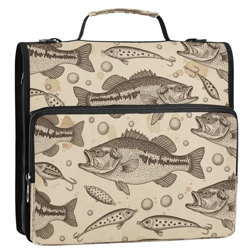 Vintage Fish Bass Lure Cool 3 Ring Zipper Binder with Strap 1.5 inch 500 Sheet Capacity File Folder Storage Organizer