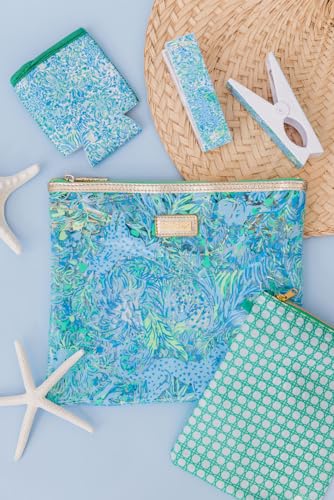 Lilly Pulitzer Water Resistant Vinyl Beach Day Pouch, Zipper Bag Includes Drink Hugger, Small Pouch, and Towel Clips - color: Dandy Lions