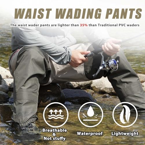Waist Wader Pants for Men and Women, 3-Ply Breathable Waterproof Fishing Waders with Pockets and Durable Stockingfoot - size: Medium