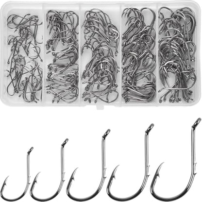 200pcs Octopus Baitholder Fishing Hooks Sharp Barbed Beak Fish Hooks Circle Hook High Carbon Steel Extra Sharp Closed Eye J Hook