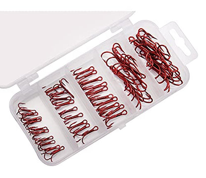 50pcs/Box Fishing Treble Hooks, High Carbon Steel Fishing Hooks Kit, Sharp & Round Bend Fishing Treble Hooks for Catfish Lures Baits Bass Fishing Accessories - color: Red Treble Hooks