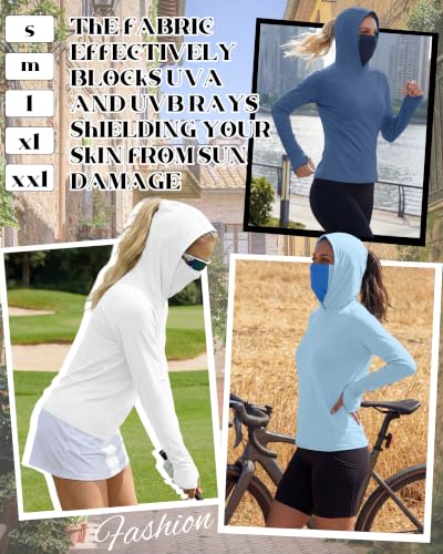 Xaatren 3 Pack Women's UPF 50+ Sun Hoodies with Face Mask Thumb Holes Quick Dry Fishing Shirts UV Protection Hiking Shirt - color: Navy Blue, Blue, White, size: Medium