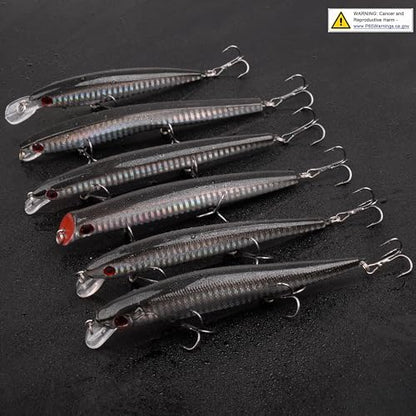 Saltwater Fishing Lures Kit - 6pcs Surf Sripers Saltwater Minnow Lures Jerkbait Popper Plugs Set Inshore Offshore Ocean Fishing Lures Tackle for Bass Trout